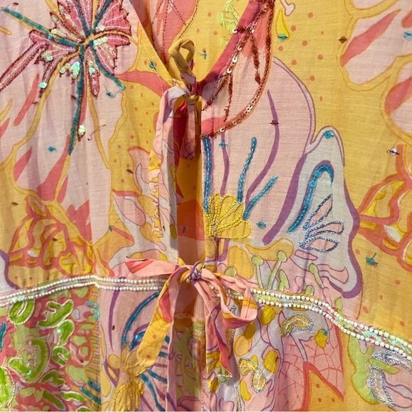 LeTarte embelished tropical swim cover cardigan top, cotton, pastel colors, S/M - Picture 9 of 14